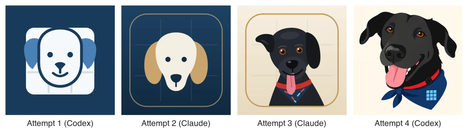 Four SudokuDog icon attempts side by side