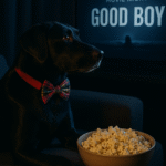 A black Labrador resting on a couch with popcorn and a TV remote, watching a movie.