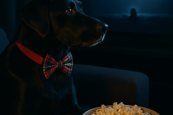 A black Labrador resting on a couch with popcorn and a TV remote, watching a movie.