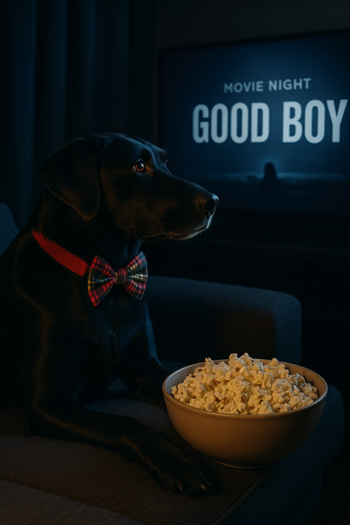 A black Labrador resting on a couch with popcorn and a TV remote, watching a movie.