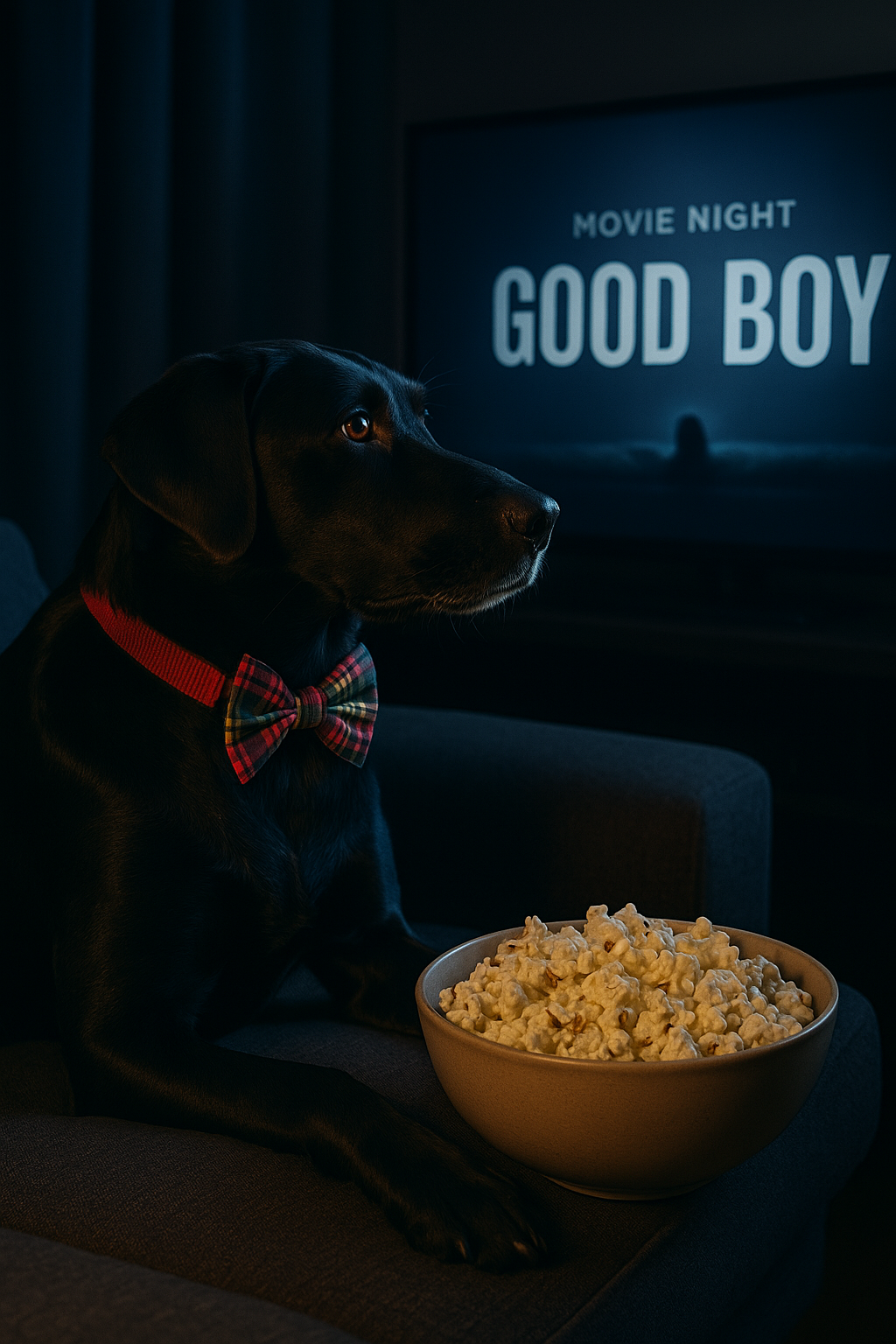 A black Labrador resting on a couch with popcorn and a TV remote, watching a movie.