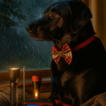 A black Labrador wearing a red plaid bow tie looks out a window during a storm, surrounded by blankets and emergency supplies.