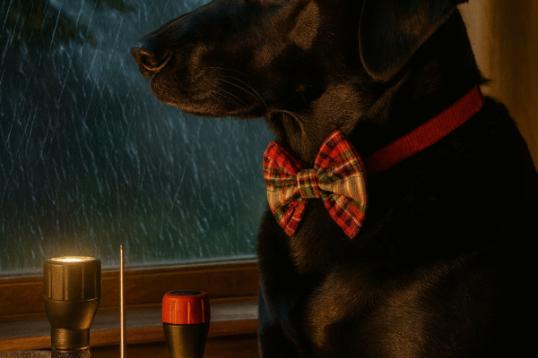 A black Labrador wearing a red plaid bow tie looks out a window during a storm, surrounded by blankets and emergency supplies.