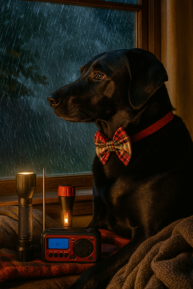 A black Labrador wearing a red plaid bow tie looks out a window during a storm, surrounded by blankets and emergency supplies.
